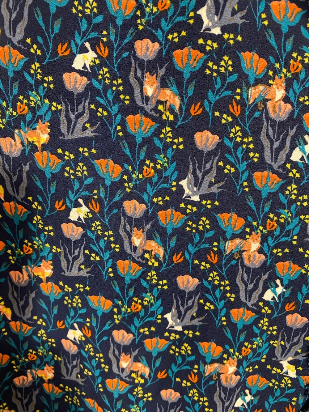 LOFT Navy Floral Sleeveless Blouse Forest scene fox & bunnies size large - Picture 5 of 10